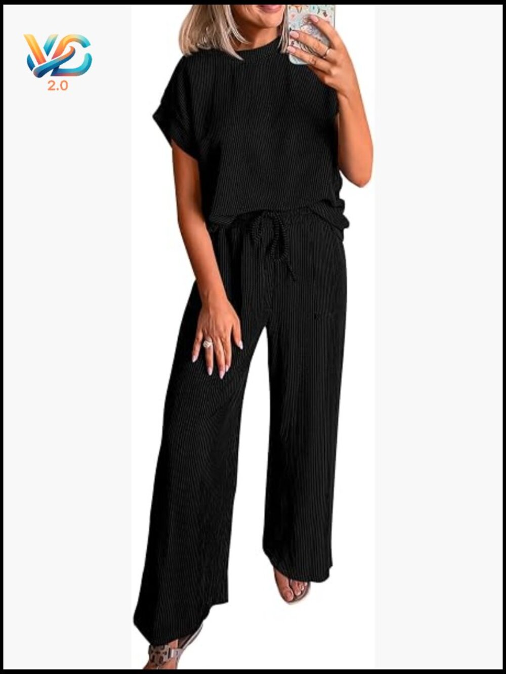 2 Piece Lounge Set Ribbed Knit Short Sleeve Top Wide Leg Pants Travel Outfit